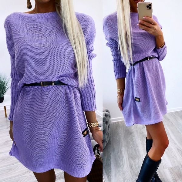 Purple Oversizes Belted Knit Dress