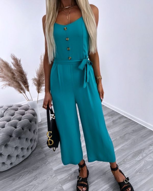 Turquoise Three-quarter Jumpsuit With Buttons