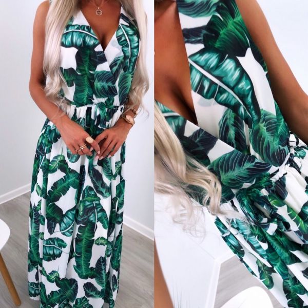 Žalias Floral Pattern Maxi Dress