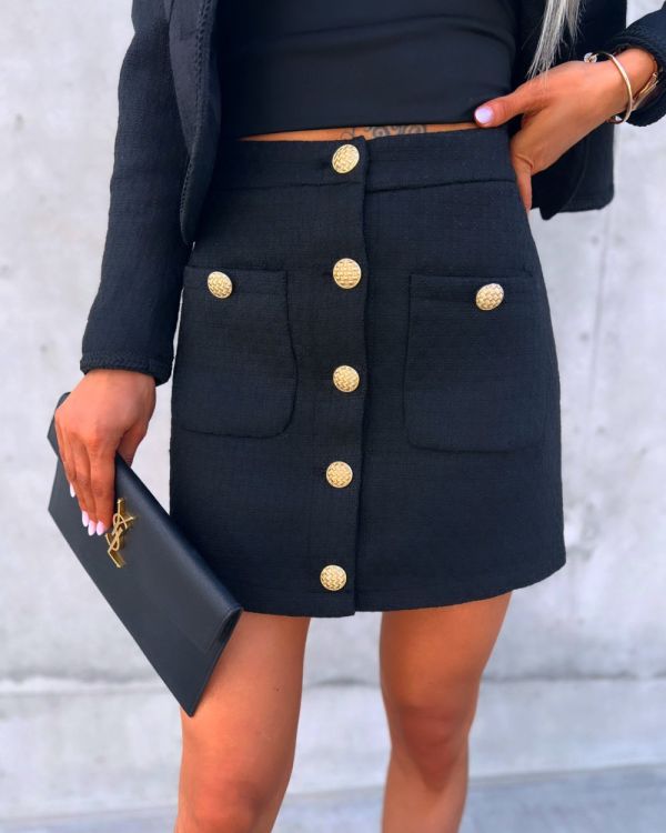 Black Thicker Fabric Skirt With Gold Buttons