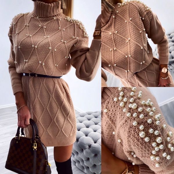 Pink Pearl Belted Knitted Dress