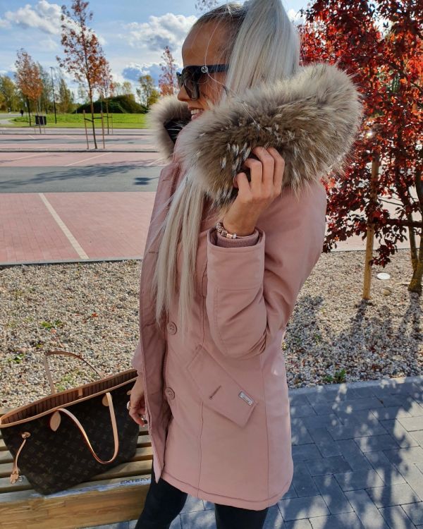 Pink Winter Parka With Real Fur And Waterproof Outer Layer