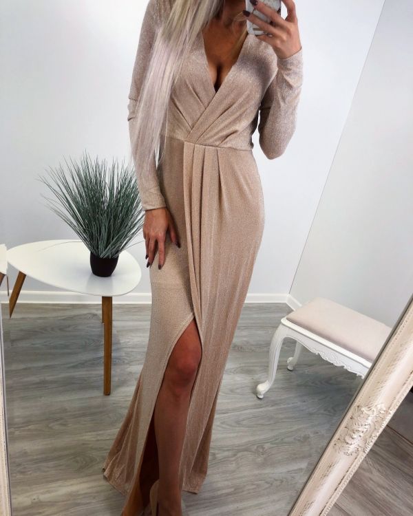 Gold Glossy Maxi Dress With Long Sleeves