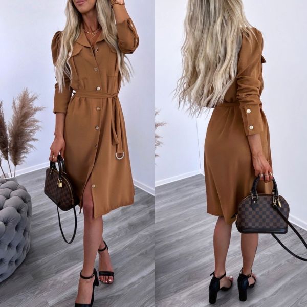 Brown Buttoned Dress Tied In The Middle
