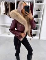 Tamsiai Raudona Reguliuojamo Liemens Parka Su Prabangiu Dirbtiniu Kailiu