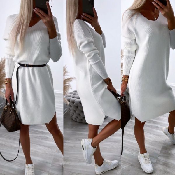 White Loose Sweater Dress With Belt