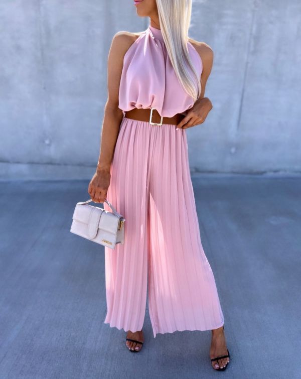 Light Pink Pleated Jumpsuit With Belt