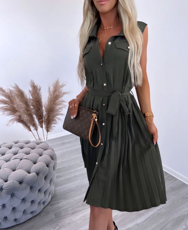 Khaki Dress With Slippery Material Buttons