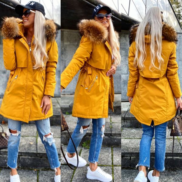Yellow Winter Parka With Natural Fur And Adjustable Waist