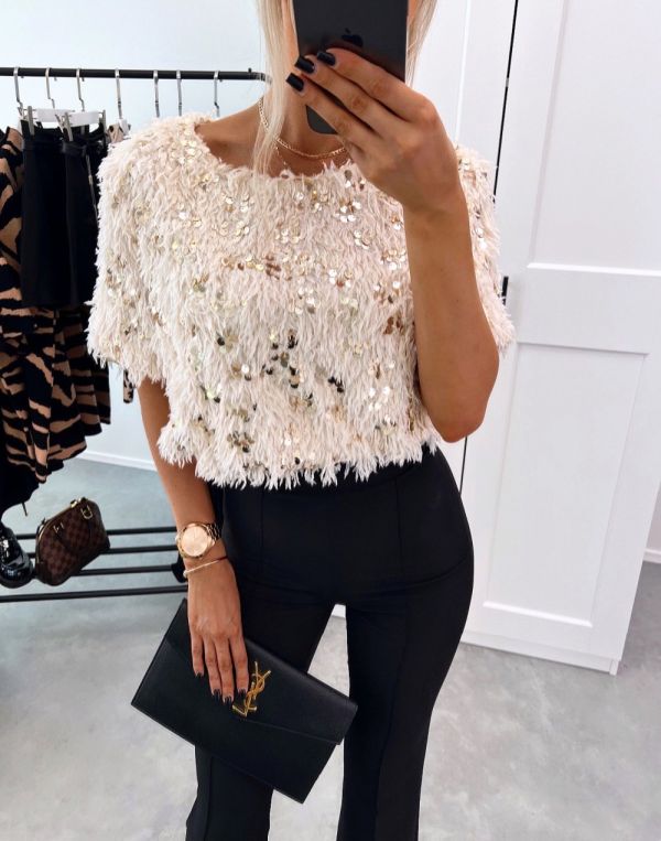 Beige Soft Blouse With Sequins And Feathers