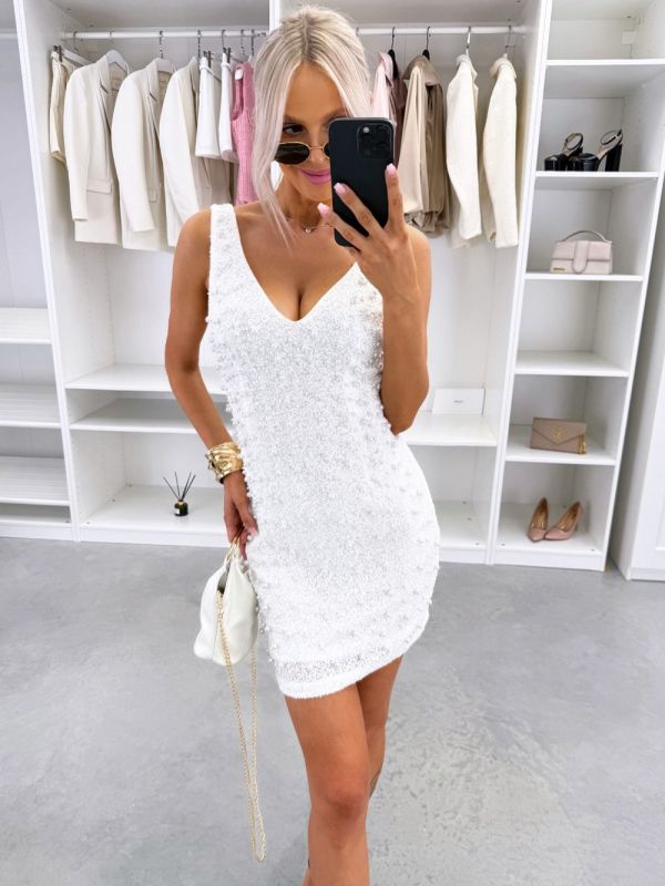 White Stretch Dress With Pearls And Sequins