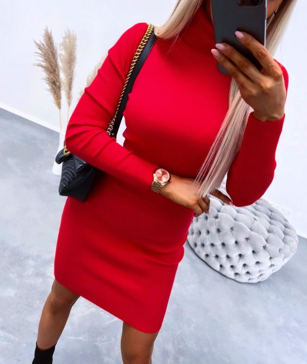 Red High Neck Dress Made Of Stretch Pabric