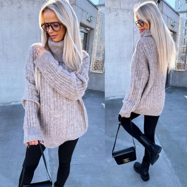 Taupe Kõrge Kaelusega Oversized Pehme Kudum