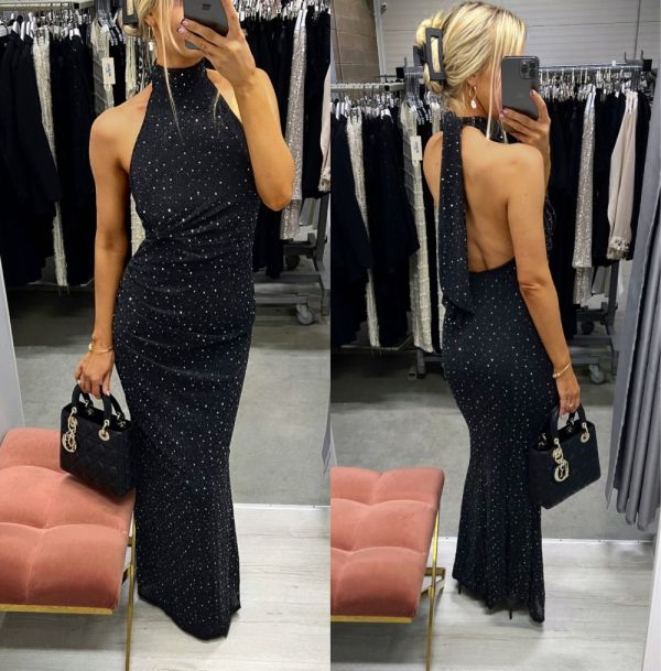 Black Stretchy Maxi Dress With Rhinestones