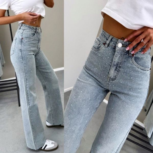 Blue Straight-cut Stretch Jeans With Rhinestones