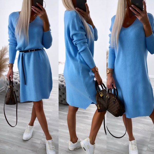 Синий Свободное платье-свитер с поясом
