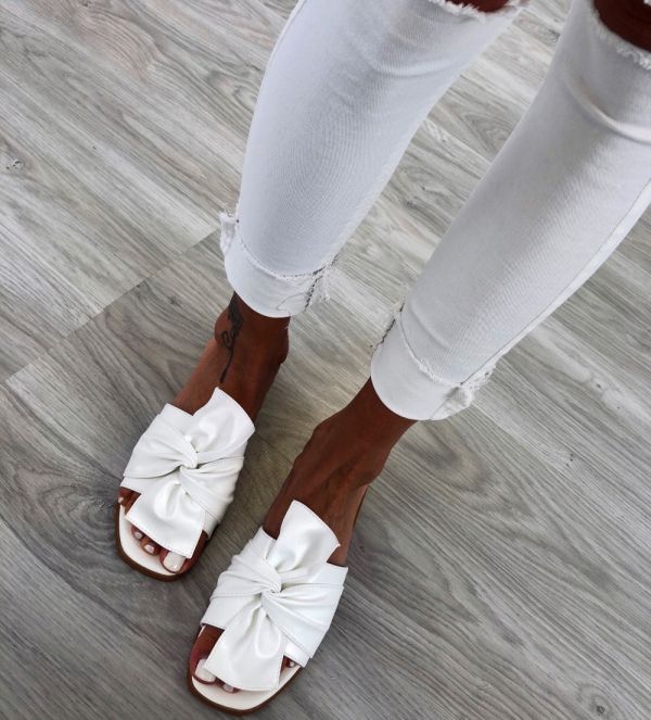White Leather Bowknot Slippers