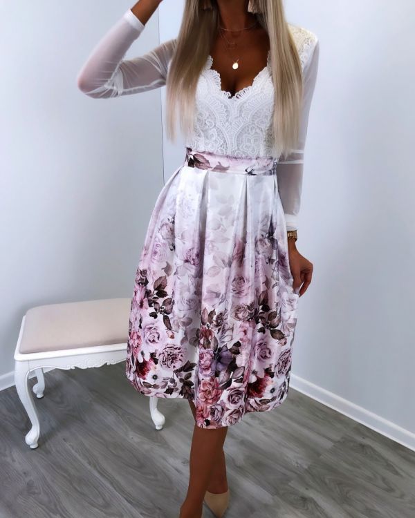 White Floral Pattern Midi Skirt