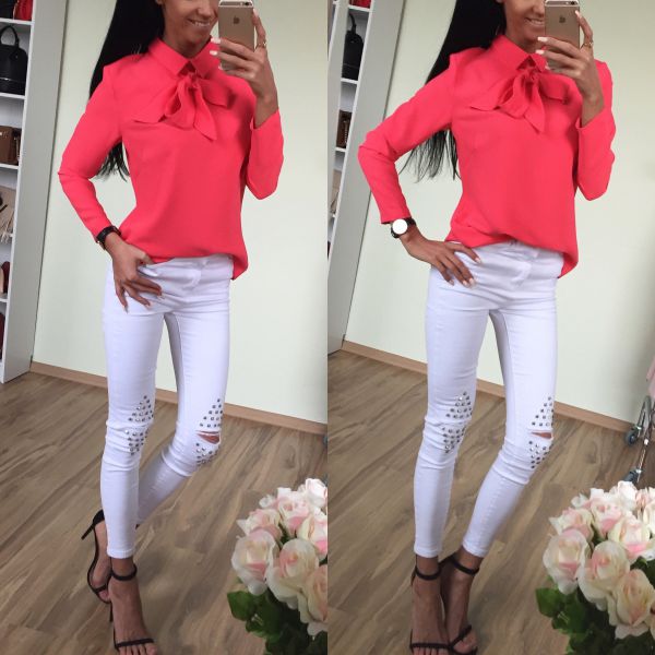 Coral Blouse With A Bow