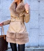 Beige Faux Leather Coat With Belt