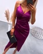 Dark Purple Lõhikuga Siidine Kleit