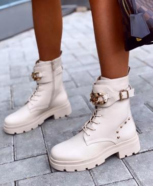 Beige Lace Up Gold Chain Boots