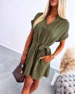 Khaki Casual Dress With Pockets And Belt