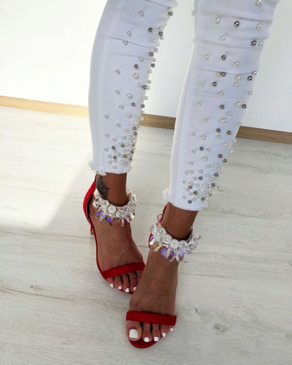 Red Pointed Stiletto Embellished Sandals