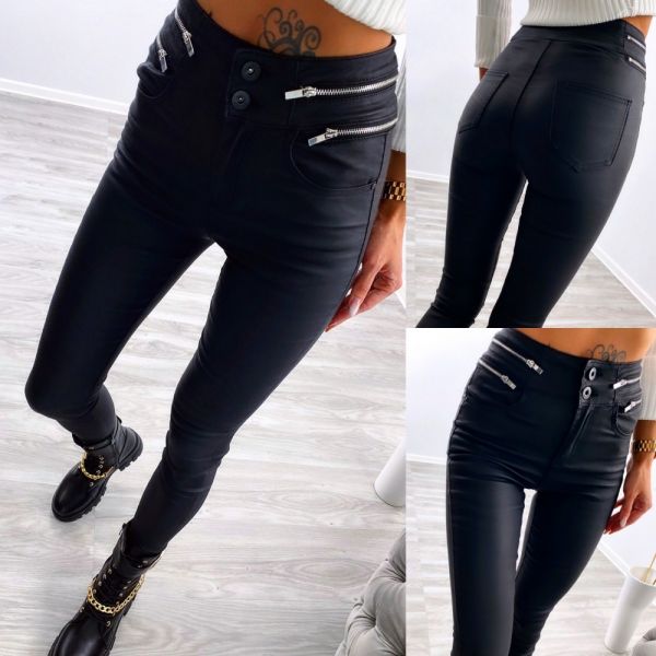 Black Matte Leather Stretch Pants With Silver Zippers