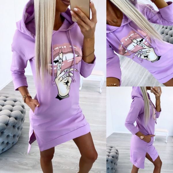 Violetinė Casual Hooded Pullover Dress