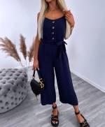 Blue Three-quarter Jumpsuit With Buttons