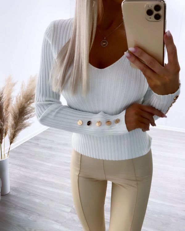 White V-cut Sweater
