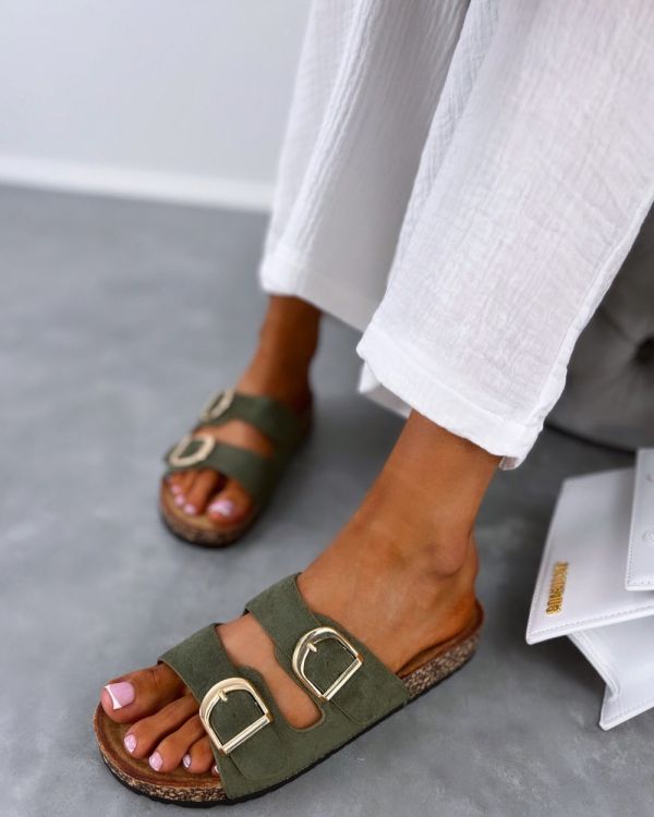 Green Comfortable Sandals With Golden Detail