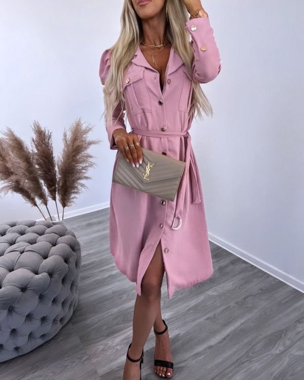 Light Pink Buttoned Dress Tied In The Middle
