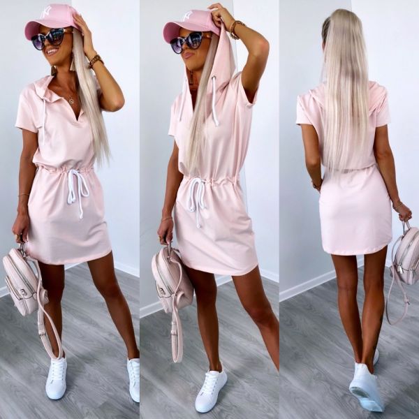 Pink Hooded Tie Casual Dress