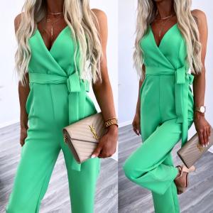 Green Long Tie Jumpsuit With Pockets