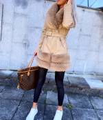 Camel Faux Leather Coat With Belt