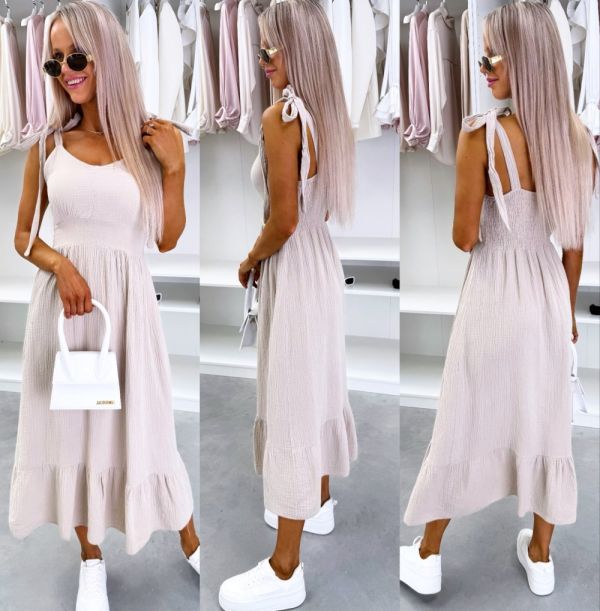 Beige Flowy Dress With Shoulder Straps