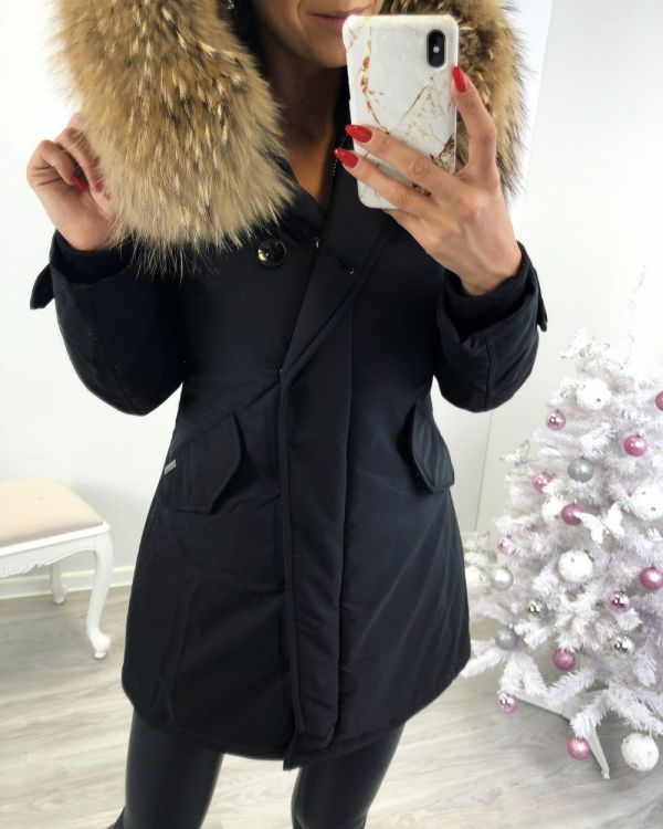 Black Winter Parka With Natural Fur And Waterproof Outer Layer