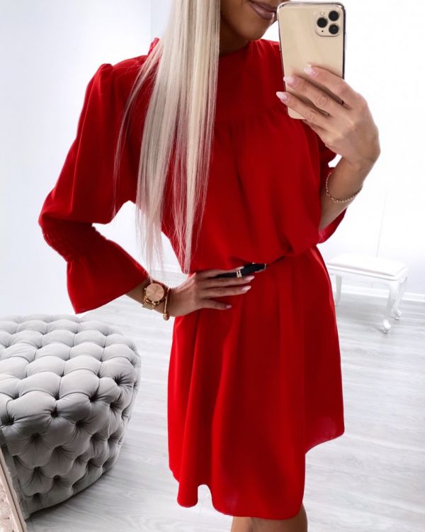 Red Casual Belted Dress