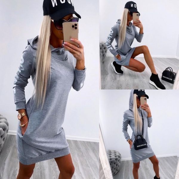 Grey Hooded Pullover Dress