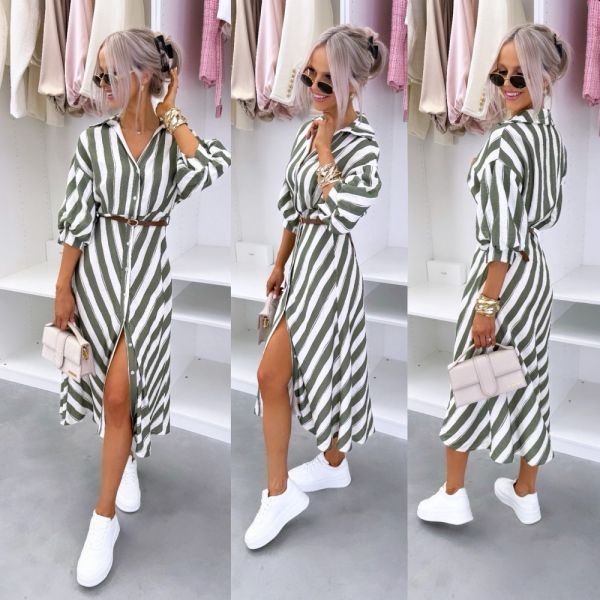 Khaki Striped Casual Dress With Belt