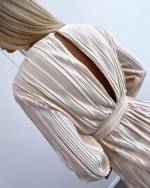 Beige Tie-waist Pleated Dress