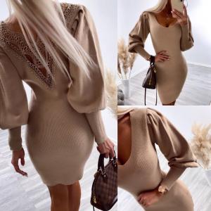 Beige Knitted Dress With Lace At The Back