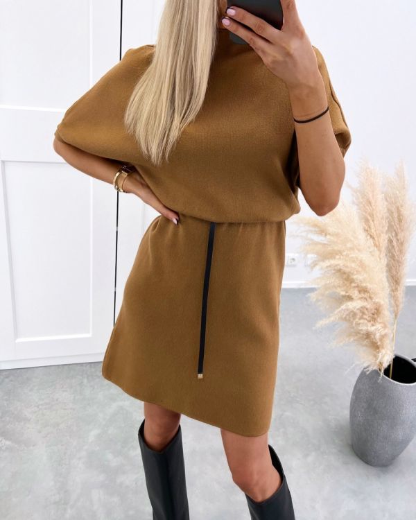 Brown Soft Sweater Dress With Belt