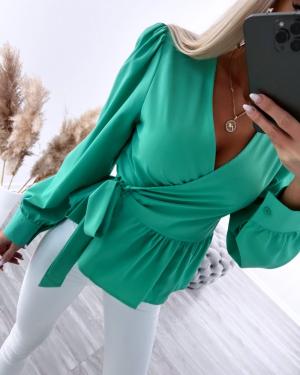 Green Wrap Blouse With Long Sleeves