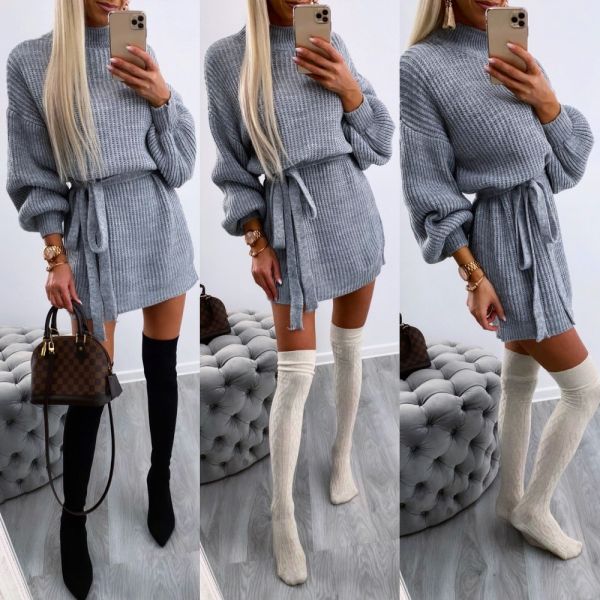 Grey Tie Knitted Dress