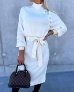 White Tie-waist Knit Dress With Gold Buttons