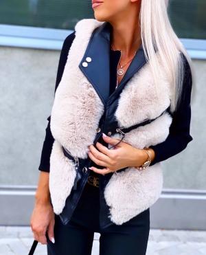 Beige Faux Fur Vest With Zippers