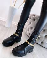 Black Thick Sole Ankle Boots With Golden Chain